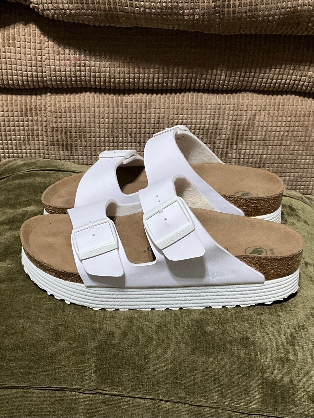 Papillio White Double-Buckle Platform Slide Sandals